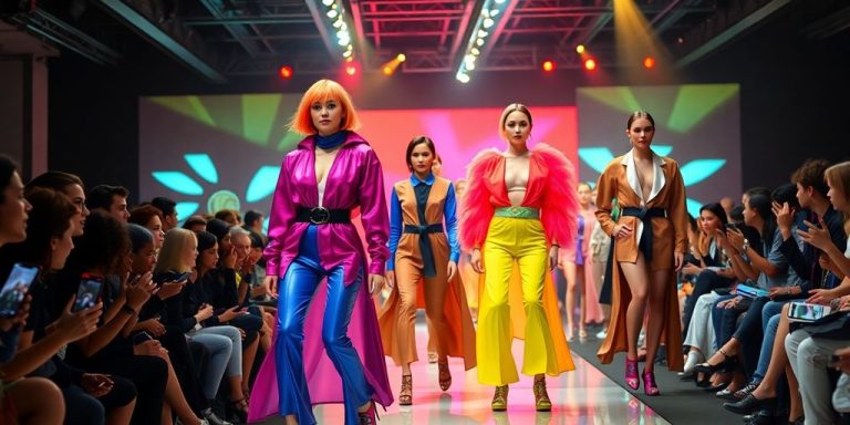 Futuristic runway with models in bold, colorful fashion.