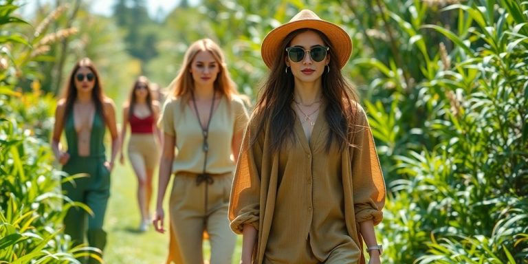 Models in sustainable clothing in a green setting.