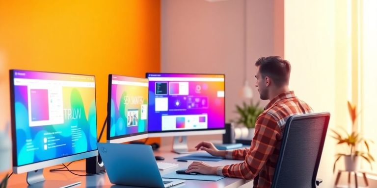 Creative workspace with modern web design tools and monitors.
