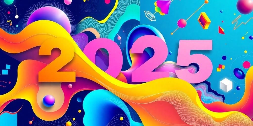 Futuristic graphic designs with bold colors and shapes.
