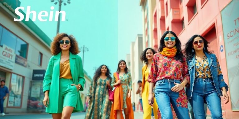 Models wearing colorful Shein outfits in an urban setting.