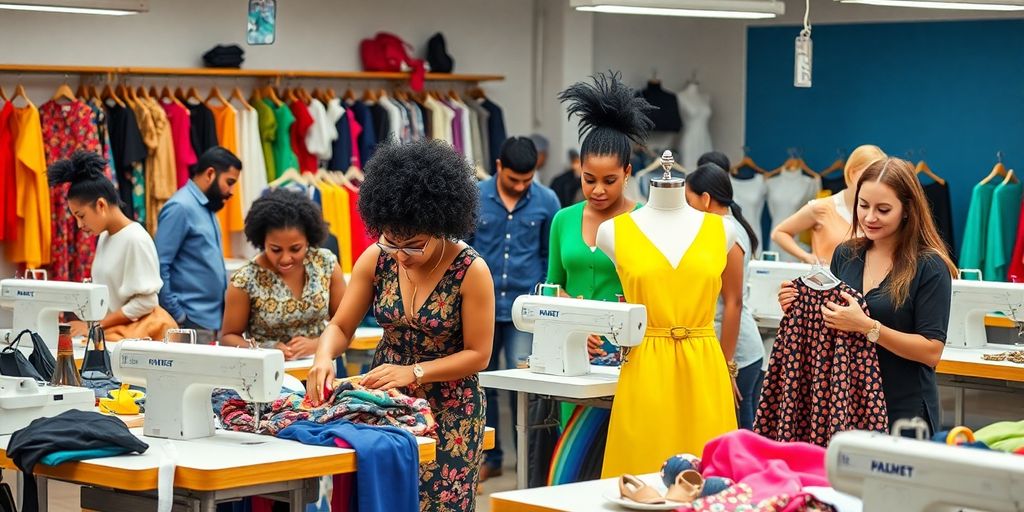 People collaborating in a colorful fashion supply chain workspace.