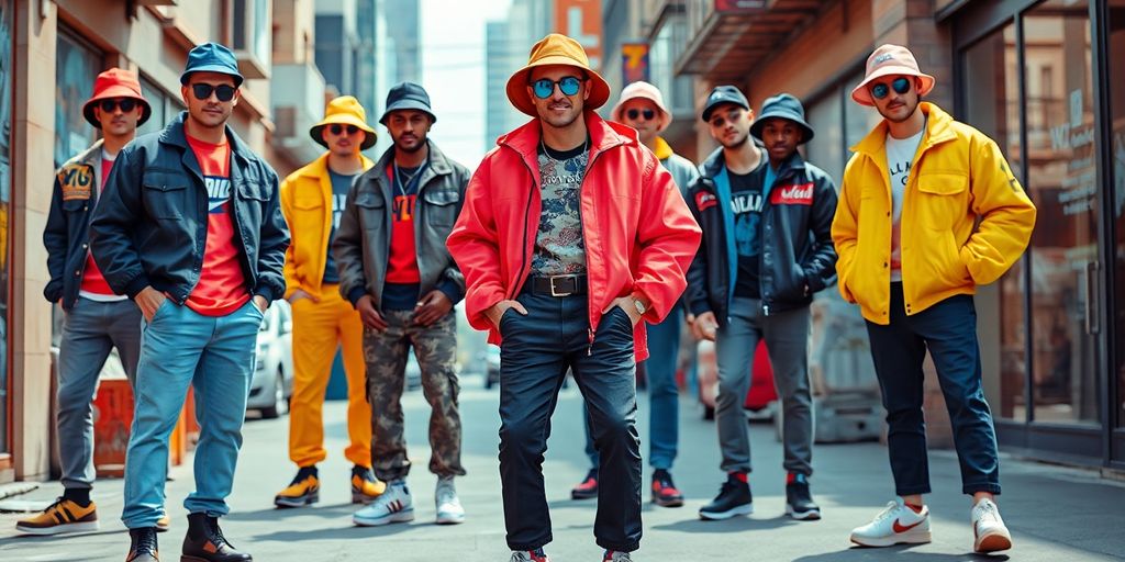 Men in colorful 90's fashion styles pose in urban setting.