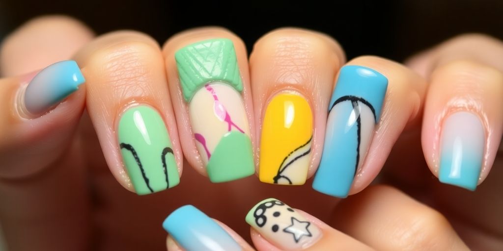 Stylish square nails with trendy colors and designs.