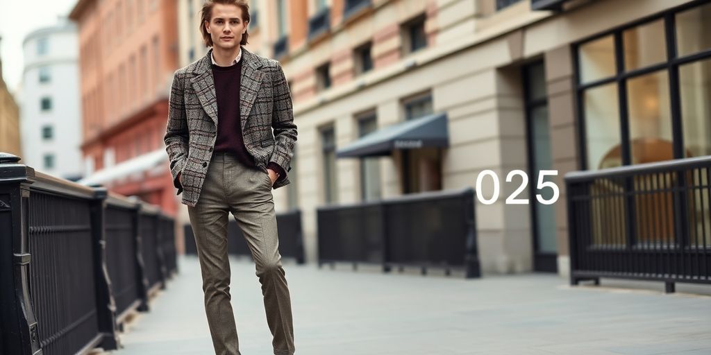 Model in tweed jacket with urban background.