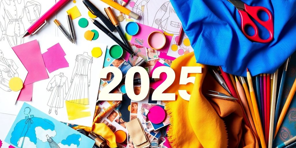 Collage of fashion sketches and vibrant design materials.