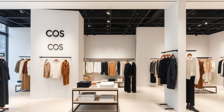Interior of a COS store with minimalist clothing displays.