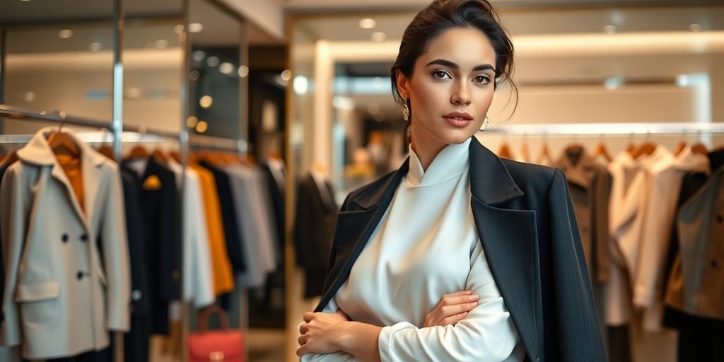 Model in luxury fashion boutique showcasing elegant garments.