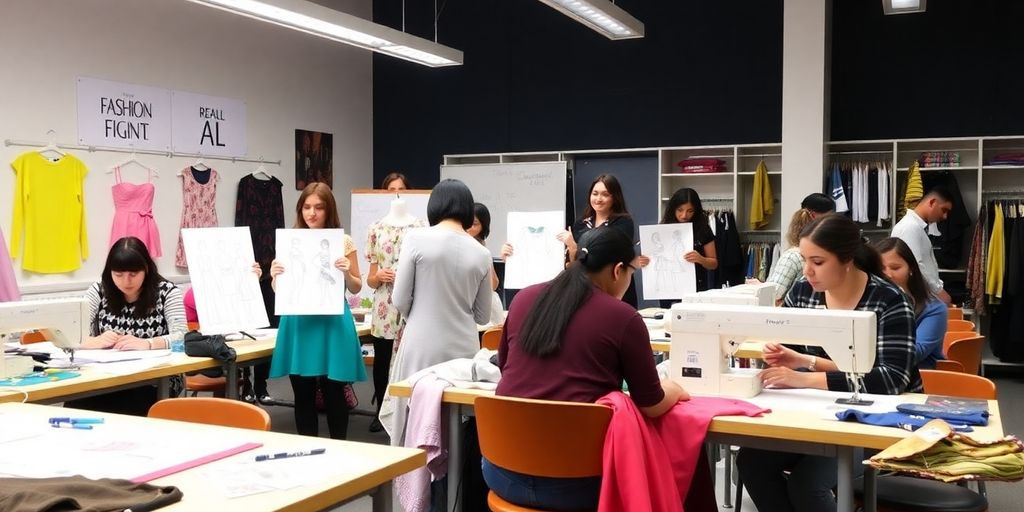 Students collaborating on fashion design at a vibrant classroom.