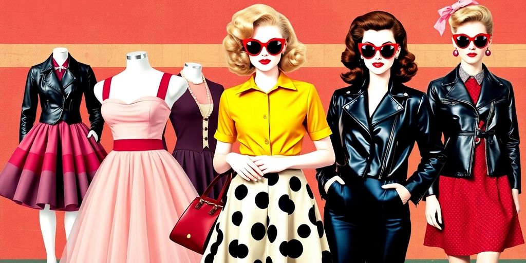 1950s fashion items like dresses, jackets, and accessories.