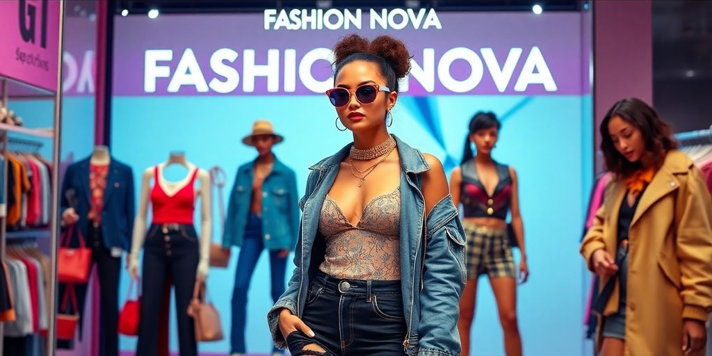 Model wearing trendy Fashion Nova clothes in a shopping setting.