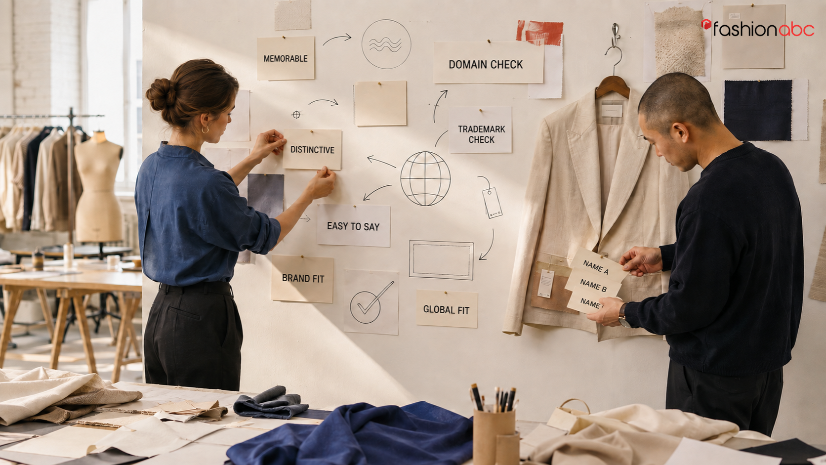 Fashion founders developing and evaluating clothing brand name ideas on a creative studio wall.