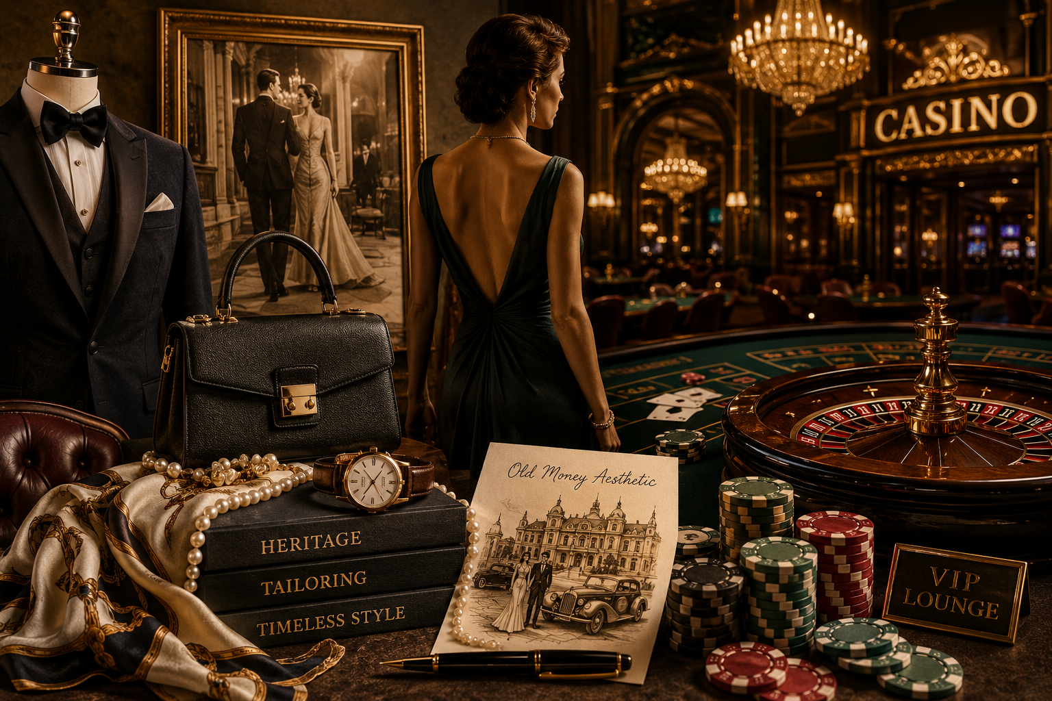 Old money fashion and casino aesthetic featuring a tuxedo, evening gown, pearls, luxury handbag, vintage watch, roulette table, and casino chips in an elegant chandelier-lit setting. Original image.